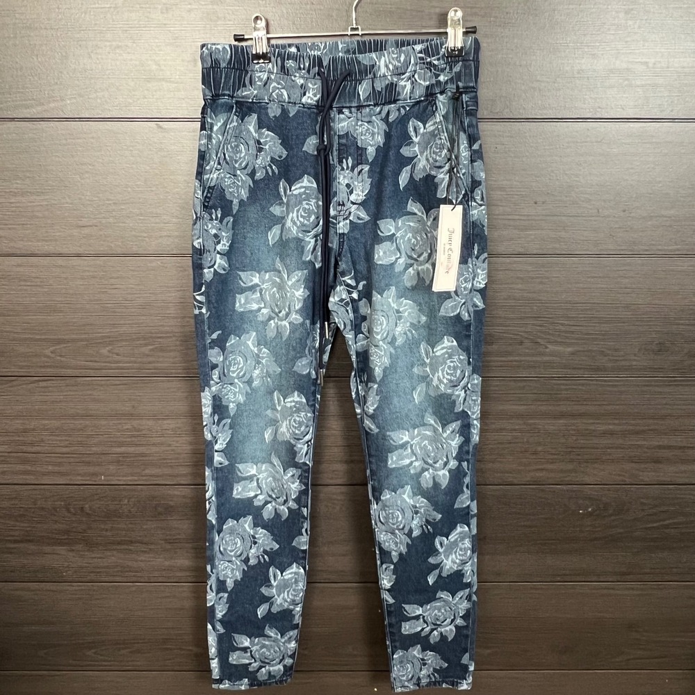 Juicy Couture Women Jogger Jeans Floral Print Drawstring Size 26 Blue Y2K